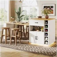 Flieks Kücheninsel mit ausziehbarer Esstisch & LED-Lichtleiste, (Bartischschrank mit 2 Schubladen, Weinregal und Snackregal), Küchenschrank mit Arbeitsplatte in Holzplatte Küchenbuffet Weiß