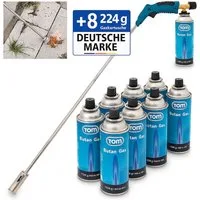 TOM Unkrautbrenner UB-300 mit 8x 227g Gaskartuschen, 1000 °C maximal, Piezozündung, MSF-1A, Unkrautvernichter, Unkrautentferner