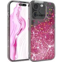 EAZY CASE Handyhülle Liquid Glittery Case für Apple iPhone 15 Pro 6,1 Zoll, Glitzerhülle Shiny Slimcover stoßfest Durchsichtig Bumper Case Pink