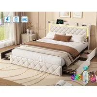 ADWOLT Polsterbett Doppelbett Stauraumbett mit Kopfteil und Lattenrost (1-tlg., Jugendbett), 140x200 cm,Mit LED-Licht und USB+Typ C,4 Schubladen,Samtstoff,Beige