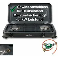 BlueCraft Gaskocher 2 flammig mit Zündsicherung 50mbar Propan Gas Campingkocher 4,4 kW, (mit Schlauch 100 cm und Gas Regler Druckminderer mit Manometer), Camping Gas Kocher 2 flammen für Gasflasche Gasherd Gas-Kochfeld