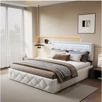 PXloue Stauraumbett Polsterbett mit Stauraum (Hochklappbares Bett 160x200 cm (Stimmungsvolles LED-Lichtband), Cremeweiß, mit stabilem Lattenrost & gepolstertem Kopfteil