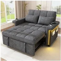 Merax Schlafsofa mit Schlaffunktion, 2-Sitzer Sofa mit LED, USB & Type-C Ladeanschluss, Tagesbett Sofabett aus Chenille 1 Teile, mit verstellbarer Rückenlehne, Getränkehalter, Seitentaschen, 2 Kissen