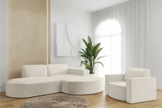Sofa Set 2-teilig Sessel und Ecksofa PALMA XS Stoff Ascot Beige Ottomane Rechts