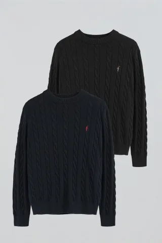 Zweierpack Herrenpullover marineblau und schwarz aus Wollgemisch mit Zopfmuster mit gesticktem Rigby Go-Logo
