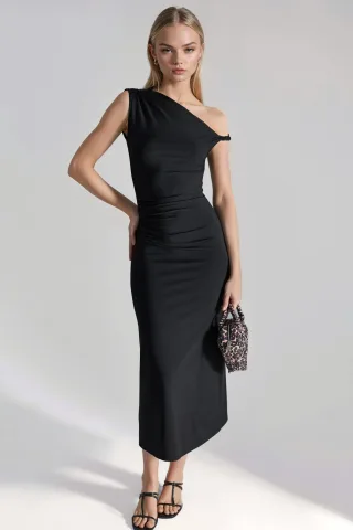 Asymmetrischer Kragen Bodycon Midi Kleid