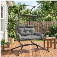 Outsunny Schaukelstuhl mit Kissen, ergonomisch, für 2 Personen (faltbar Hängesessel mit Gestell, 1 St), belastbar bis 260kg, für Balkon, Terrasse, Dunkelgrau