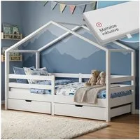 Bellabino Hausbett Abia mit Lattenrost und Rausfallschutz (weiß, mit Matratze und zwei Schubladen), Kinderbett 90x200 cm, verfügbar in verschiedenen Ausführungen