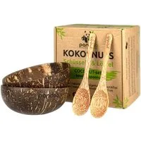 pandoo Schüssel Kokosnuss-Set, 2 Schüsseln und 2 Löffel, 100% Kokosnuss, (Set), Jede Schüssel ein Unikat, inklusive 2 passender Kokosnuss-Löffel