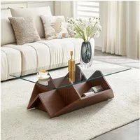 BBWL Couchtisch moderner Wohnzimmer Tisch mit gehärteter Glasplatte Stauraum Fächern, Multi Storage Glas MDF Walnuss Finish für Büro Wohnzimmer Organisation