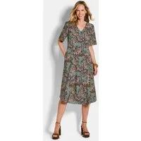 GOLDNER Sommerkleid Viskosekleid mit orientalischem Muster Midikleid mit V-Ausschnitt, Knopfleiste, Knielänge und Halbarm