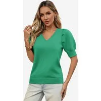 Imily Bela Stricktop Damen Halbarm Puffärmel V-Ausschnitt Top Stricken Sommer Casual (Packung, 1-tlg., 1per-Pack) gehäkelt in Unifarbe