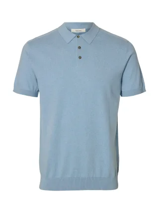 SELECTED MEN - SLMBERG SS KNIT POLO NOOS Dusty Blue - Gr. - S