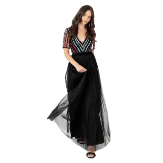 Maya Deluxe - Maxikleid für Damen, V-Ausschnitt, kurzärmlig (Schwarz)