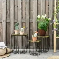 Outsunny Gartentisch Retro Metallkorb Drahtkorb Garten Satztisch Gartenmöbel Outdoor Balkon (Couchtische, 3-St., Beistelltische), Metall, Natur+Schwarz, 3 Größen
