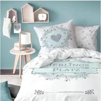 MTOnlinehandel Bettwäsche Lieblingsplatz 135x200 + 80x80 cm, 100 % Baumwolle, Renforcé, 2 teilig, Blumen, Herz & Spruch, Bettwäsche für Kinder, Teenager und Erwachsene