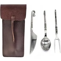 Vehi Mercatus Besteck-Set Mittelalter-Besteckset 4-teilig Edelstahl Fuhrmannsbesteck, 1 Personen, Leder, Kohlenstoffstahl, Edelstahl