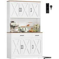 HOMECHO Küchenbuffet Weiß Küchenschrank mit Steckdosen, 6 Türen, 2 Schubladen, 180x105x38cm