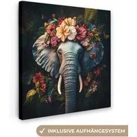 OneMillionCanvasses® Leinwandbild Elefant - Tiere - Blumen - Natur, Fotodruck (1 St), Wandbild, Deko Schlafzimmer Wohnzimmer Flur 20x20 cm