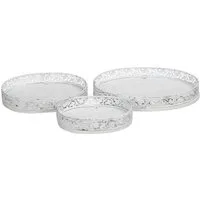 Posiwio Dekotablett 3tlg. Ovales Tablett ROSALIE weiß aus Holz mit Metallrand shabby chic