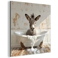 MuchoWow Metallbild Esel - Tiere - Badewanne - Schaumstoff, Inkl. Aufhängung, Metallbilder Badezimmer, Toilette Bilder aus Metall, 20x20 cm