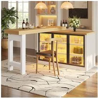 Flieks Kücheninsel mit 360° drehbarer und klappbarer Esstisch, LED-Beleuchtung, Glastüren, (Holzoptik Tischplatte Tiefe 40-80cm, Längenverstellbar 120-197 cm), ausziehbarer Arbeitstisch & multifunktional Mehrzweckschrank Weiß