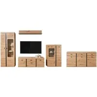 moebel-dich-auf Wohnwand KOS, (in Artisan Eiche, Vitrine + Wandboard + Lowboard + Stauraumelement), Softclose, inkl. LED-Beleuchtung