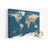 framed concept Leinwandbild als Weltkarte-Pinnwand, pinne Deine Reisen und Erinnerungen, World Map, Englische Beschriftung inkl. 50 goldene Pins