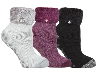 Womens Fluffy Slipper Bed Socks with Grips | Heat Holders | 3 Pair Multipack | Ladies Warm Fleece Lined Non Slip Socks | Winter Gifts for Her - Pack 7
