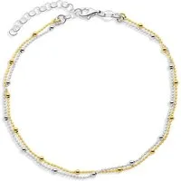 Tony Fein Fußkette Kugelkette 0.8mm 925er Silber 14 Karat 585er Vergoldet 22-26 cm, Made in Italy für Damen
