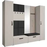 Beautysofa Garderobenschrank mit gepolsterten Paneelen und Spiegel MARGARET XL (zwei praktische Schuhschränke und zwei komfortable Kleiderschränke mit Kleiderstangen) mit dekorative Lamellen und praktischen Kleiderhaken