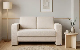 BRUNO Schlafsofa 120cm in Creme Ecru Beige | Kubus | stabiles Massivholz & Boxspringkomfort