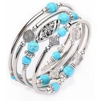 KARMA Armband Mehrreihig Silber Türkis Damenarmband Natursteine Boho Schmuck (Geschenk für Sie, Damenarmschmuck), Natursteinarmband Metall Metallarmband modern
