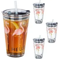 relaxdays Gläser-Set 4er Set Glasbecher Flamingo, 4-tlg., Glas