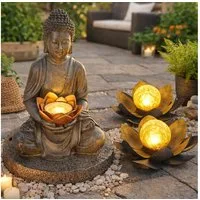 GLOBO LIGHTING Gartenleuchte, LED-Leuchtmittel fest verbaut, Warmweiß, 3er Set LED Solar Lotusblüten Feng Shui Buddha Garten Deko Lampen