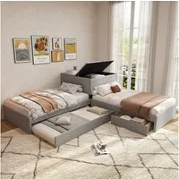 Flieks Kinderbett, Einzelbett 90x200cm mit Ausziehbett 90x190cm Stauraum und 2 Schubladen