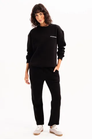 JUSTEVER Damen-Sweatshirt mit Rundhalsausschnitt, Stickerei, gefüttert mit Fleece-Innenseite, schwarz - Rigil
