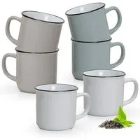 matches21 HOME & HOBBY Tasse Kaffeebecher 6er Set Emaille-Optik einfarbig Vintage, 6-tlg., Keramik, Tee Kaffee-Becher, modern, beige braun weiss grau, 240 ml