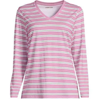 Supima® Langarm-Shirt mit V-Ausschnitt, Damen,  Blau, Baumwolle, by Lands' End