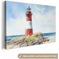 OneMillionCanvasses® Leinwandbild Leuchtturm - Felsen - Meer - Natur - Maritim, Fotodruck (1 St), Leinwand Bilder Klein, Wand Dekoration Aesthetic 30x20 cm