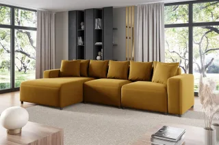 Ecksofa Designersofa Sofa MEGAN in Stoff Salvador Honiggelb Ottomane Links