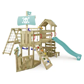 Spielturm TreasureFlyer mit Kletterwand Wellenrutsche Sandkasten und Wackelbrücke aus Massivholz für Gartenabenteuer - Wickey