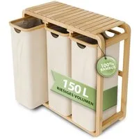 AMBIAVO Wäschekorb 3 Fächer mit waschbaren Baumwollsäcken, 150 L Volumen, stabiler 3x3 cm Bambusrahmen, innovatives Design