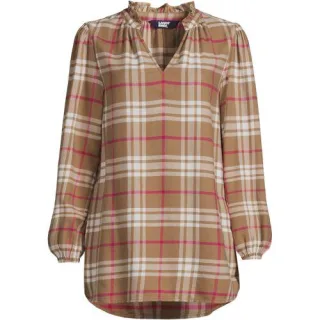 Hemdbluse aus Flanell mit Rüschenkragen, Damen,  Beige, Viskose/Baumwoll-Mischung/Viskose-Mischung, by Lands' End
