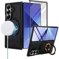 Wigento Handyhülle Für Samsung Galaxy Z Fold7 MagSafe integriertes Glas Hülle Schwarz, Lederhülle mit integriertem Schutzglas, Ringhalter und MagSafe