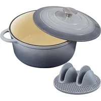 Zedelmaier Bräter Gusseisen Topf 22/24/26cm Incl. Silikon Topflappen Topfuntersetzer, (Set, 1 Pot mit 1 lid, 2 Ofenhandschuhe, 1 Topfuntersetzer), Backofengeeignet Induktionsgeeignet Zum Braten, Schmoren, Kochen