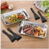Haushalt International Grillschale Grilbehälter Grillpfanne Edelstahl 2tlg + 4 Schaber, Edelstahl, (Set, 6-St., Packung), 6tlg, Kunststoffschaber, 21x13x2cm, Grillzubehör