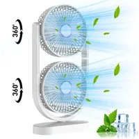 MOPUEA Standventilator 360° Drehbar Doppelkopf Luftzirkulationsventilator USB Tischventilator, Standventilator Luftzirkulation Leise USB Aufladbar