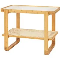 COSTWAY Beistelltisch, mit Glasplatte&Rattanablage, Bambus, 70,5x44,5x54,5cm