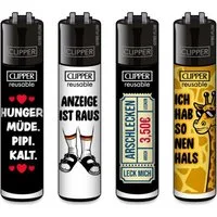 CLIPPER Feuerzeuge 4 Stück im Set mit Spruch nachfüllbar & wiederverwendbar (4-St), Original Clipper Feuerzeuge im Set mit Spruch "hunger,müde,pipi,kalt"